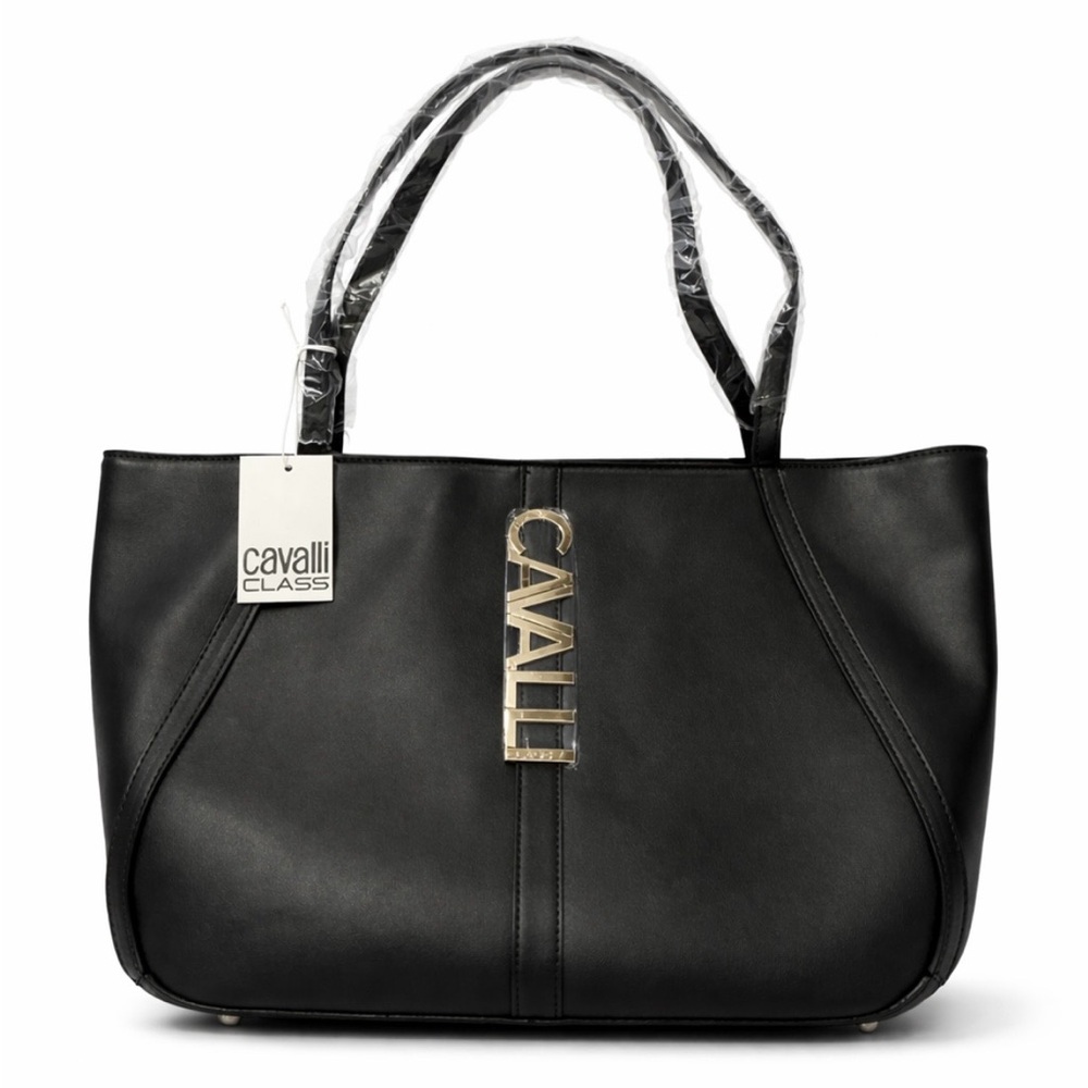 Cavalli Class Black Leather Tote with Gold Logo